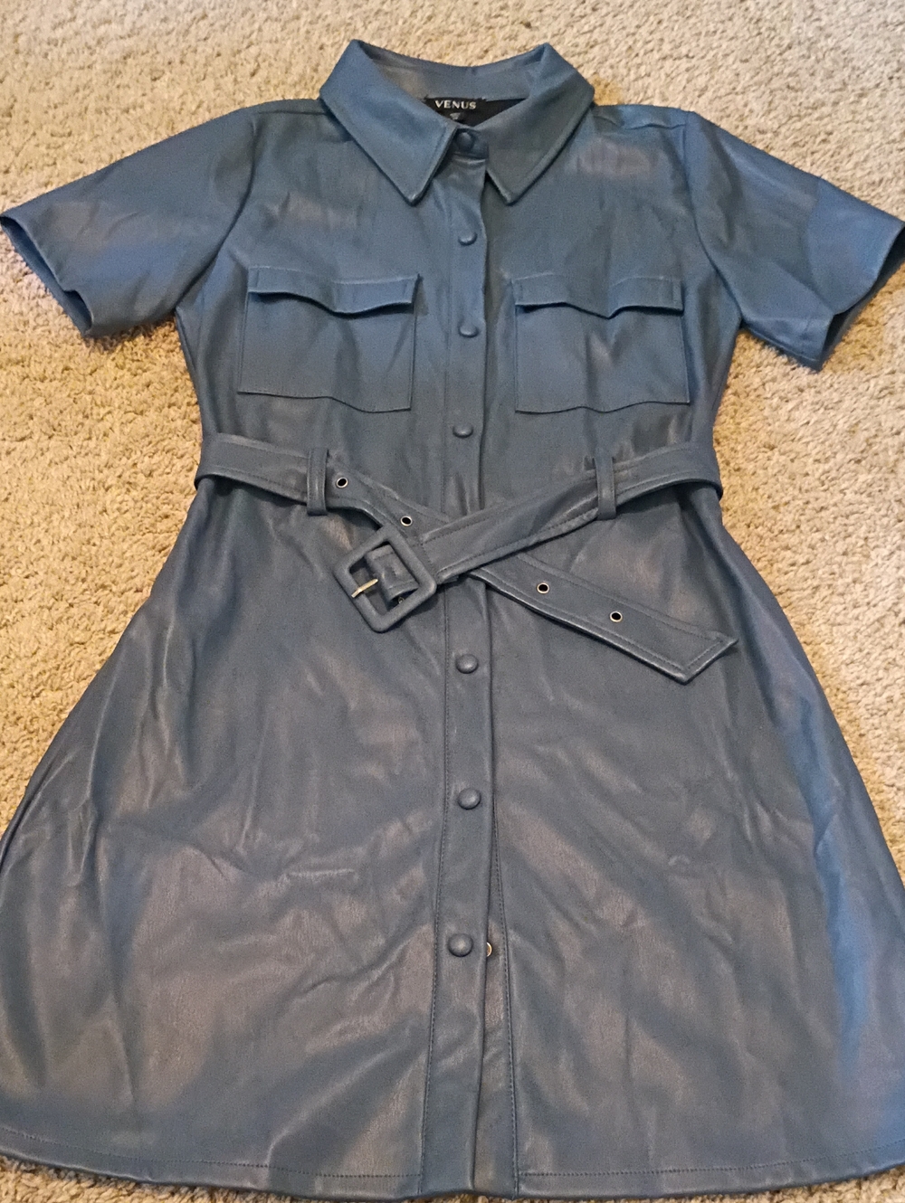 VENUS Dusty Blue Faux Leather Shirt Dress with Belt